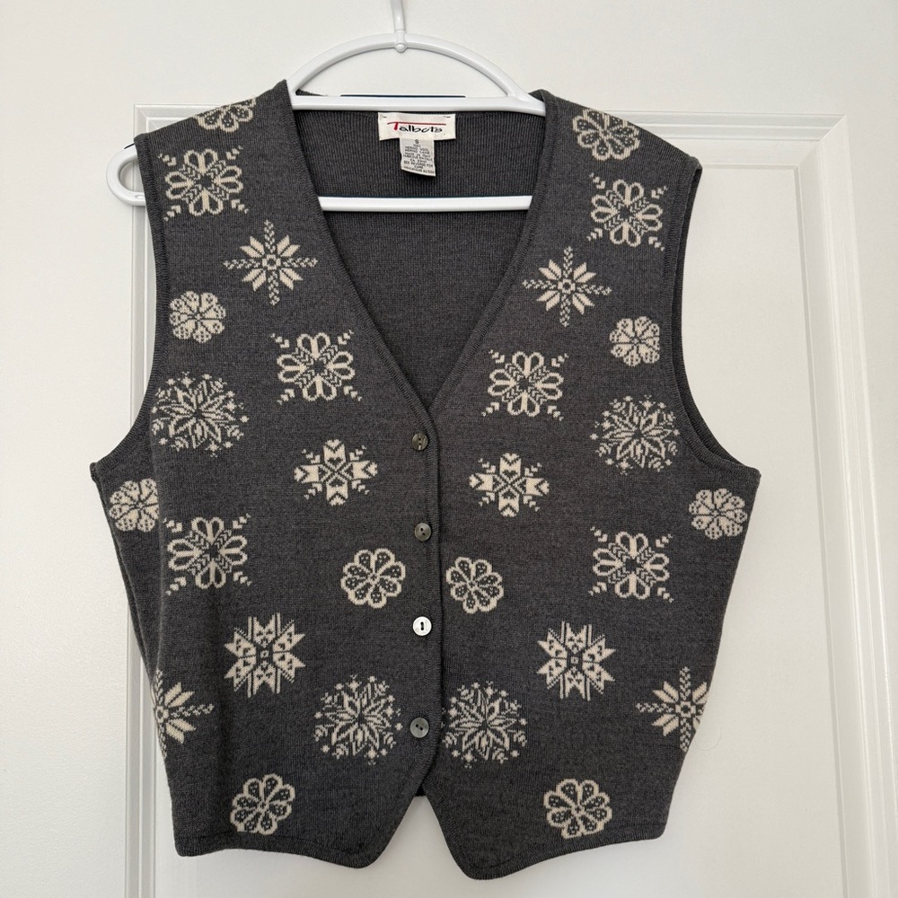 Talbots Charcoal Snowflake V-Neck Sweater Vest